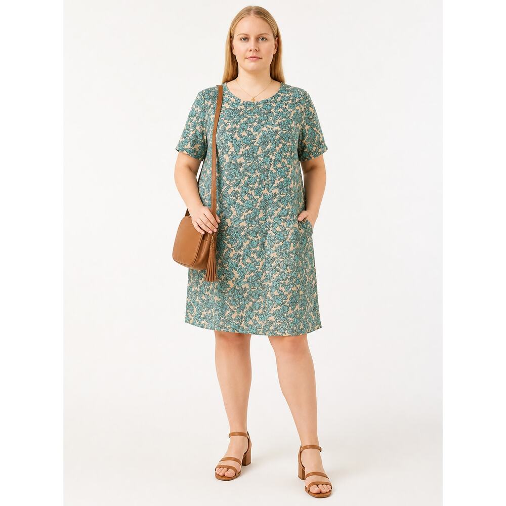 Glamorous Curve Floral Shift Dress Size 18 Green Beige Short Sleeve Casual Midi